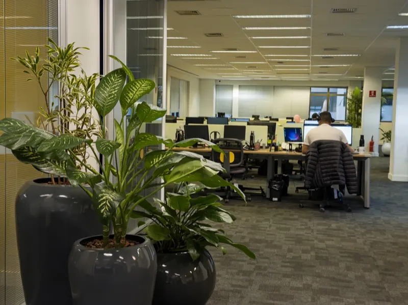 Espaço de trabalho aberto do escritório, com advogados e equipe de atendimento